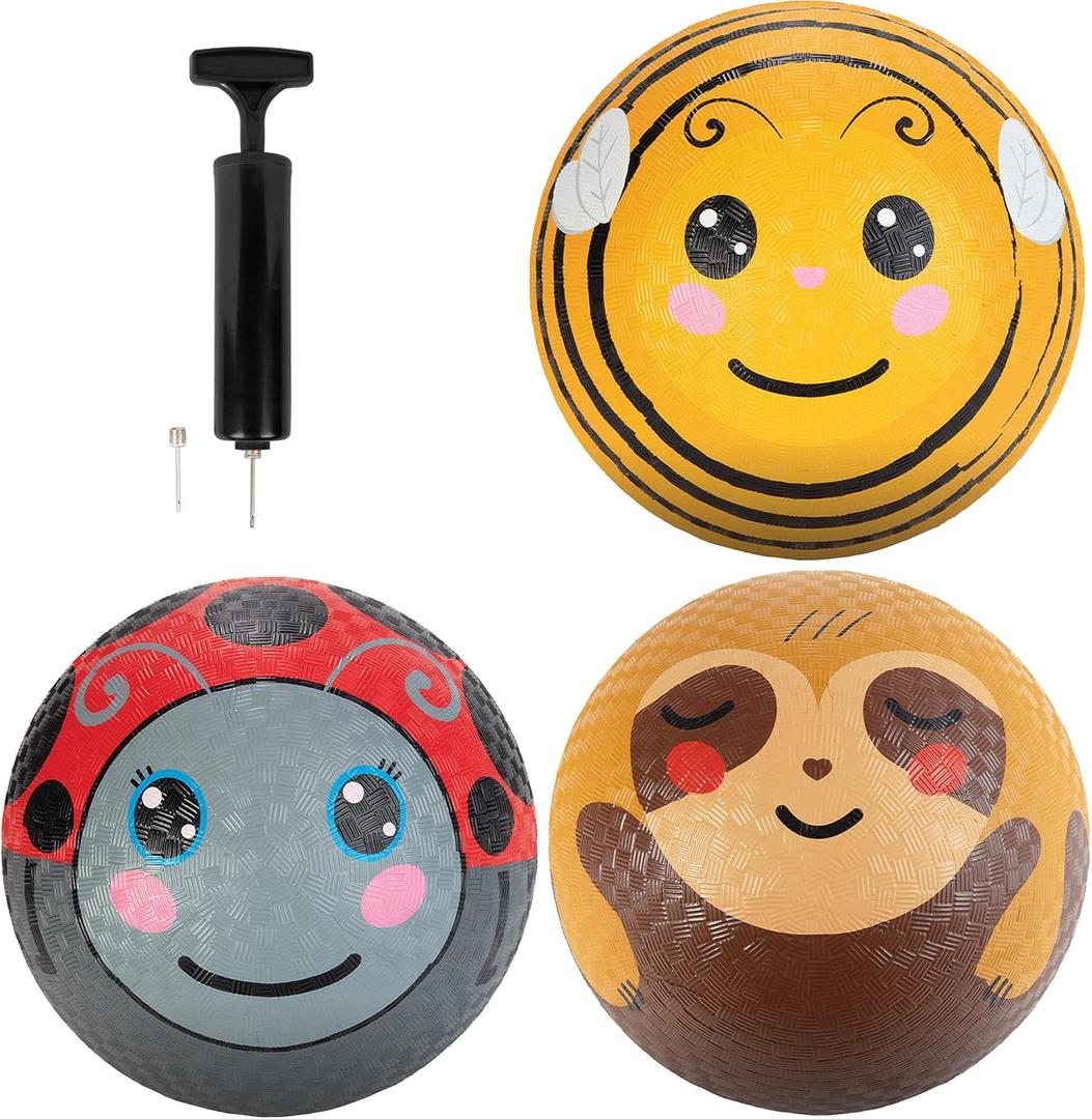SCS Direct Gaga Playground Balls 3pk (8.5 inches) w Air Pump- Durable Rubber Pack for Dodgeball, Kickball, Gagaball Official Play and School - Fun Outdoor Toys and Accessories Gift for Kids (Sloth, Lady bug, & Bee)