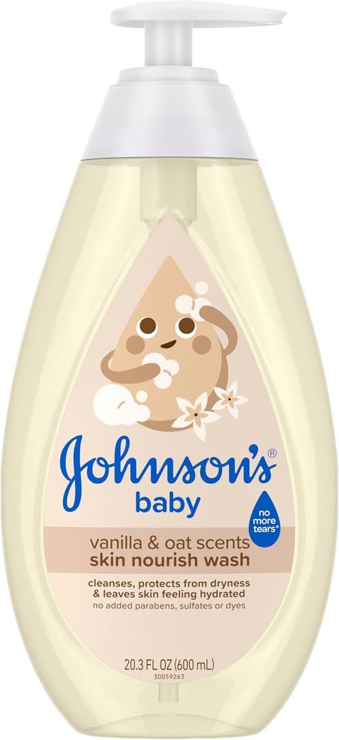 Johnson's Skin Nourishing Moisture Baby Wash, Vanilla & Oat Scents, Tear-Free, Hypoallergenic Baby Body Wash Cleanses, Protects from Dryness, & Leaves Skin Feeling Hydrated, 20.3 fl. oz