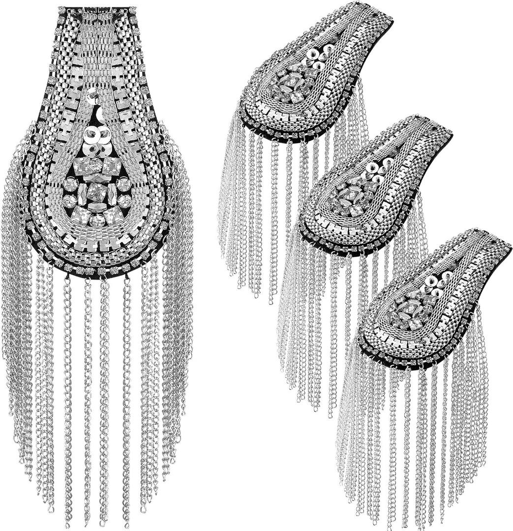 Yilloog 4 Pcs Shoulder Epaulets for Women Tassel Link Chain Boards Badge Beads Pads Punk Fringe Jewelry Pins for Men Jackets(Silver)