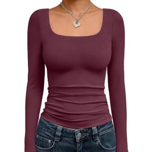 Trendy Queen Womens Square Neck Long Sleeve Double Lined Slim Fit Tops (M)