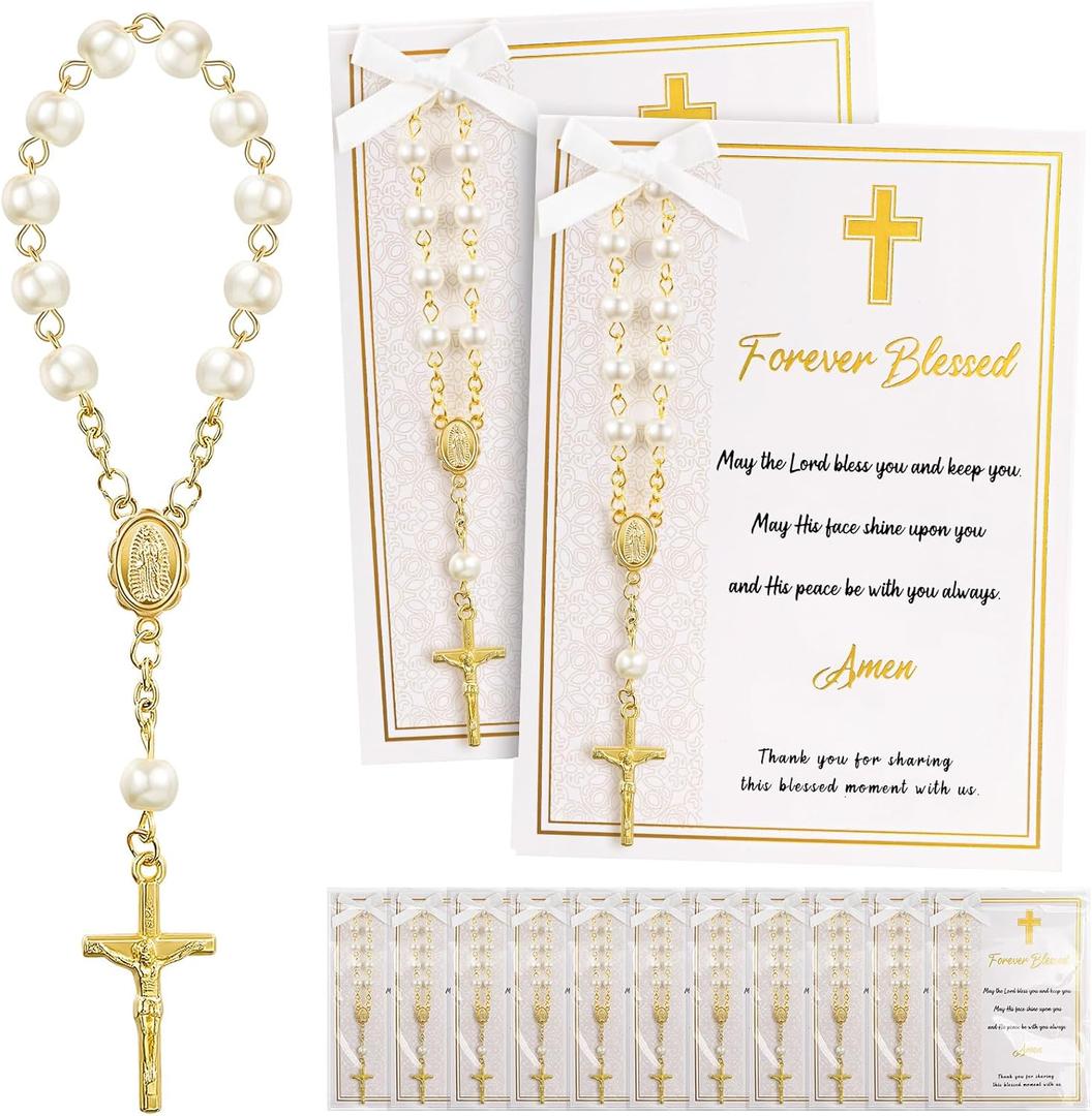Quelay 50 Sets Rosary Baptism Favors Mini Acrylic Rosary Finger Rosaries Gold Bead Faux Pearls with Cards and Bags Recuerdo De Boda Y Bautizo for Christening Party Favor(Blessing)