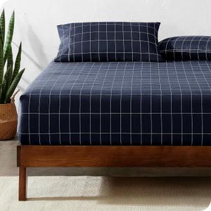 Bare Home Fitted Bottom Sheet Queen Size - Premium 1800 Microfiber - Ultra-Soft Hotel Luxury - Deep Pocket - Durable and Long Lasting (Queen, Grid - Midnight Blue/White)