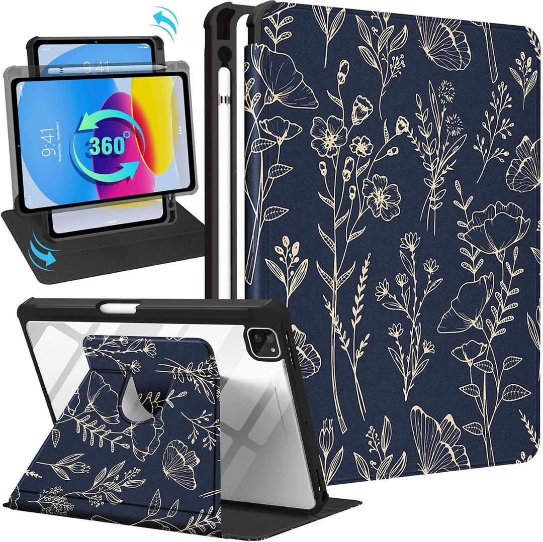 for iPad Pro 12.9 Case Folio Cover with Pencil Holder Women Cute Girls Floral Girly Flower Pretty Teens Unique Fashion Rotating Stand for Apple iPad Pro 12.9 Inch Cases 2022/2021/2020/2018