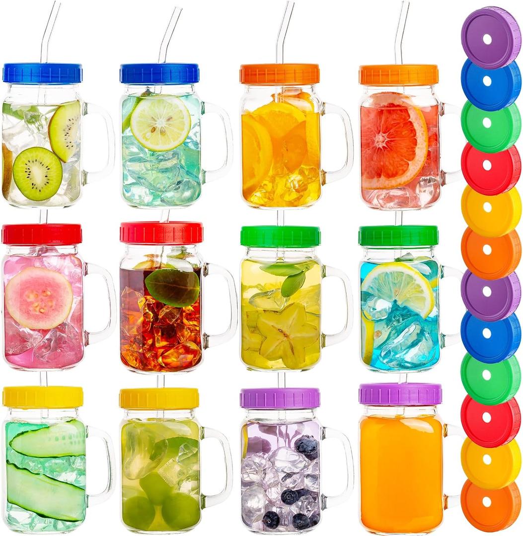 Mason Jars with Handle, 12 Pack 16oz Jar Drinking glasses lid and straw, Cups, Regular Mouth mugs for Iced Coffee, Smoothie, Airtight Lids Food Storage, clear