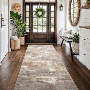 4x10 Washable Kitchen Runner Rug: Modern Abstract Wide Runners for Hallway Soft Non Slip Rugs with Rubber Backing Low Pile Thin Carpet for Entryway Bedroom Bathroom Laundry Indoor(Brown/Brick,4x10)