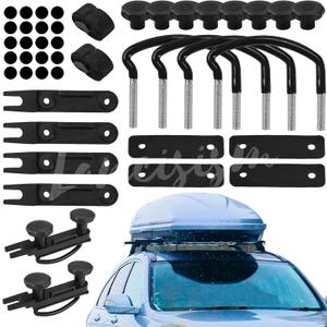 4 Pcs Roof Box U-Bolt Clamps, Upgraded Rooftop Cargo Carrier Rack Bolts, Car Van Mounting Fitting Kit 85mm Inner Width Metal U-Bracket Clips w/ 8 Lock Nuts 2 Straps (Black)