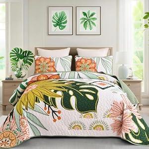 DJY Boho Floral Quilt Set King Size 3 Piece Green Bedspread, Botanical Farmhouse Quilt Bedding Set Reversible Soft Microfiber Bohemian Coverlet for All Season, 110''x90''