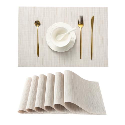 Pale Beige Placemats Set of 6 - Heat Resistant Non-Slip Place mats for Dining Table, Washable Durable PVC Vinyl Woven Table Mats（Pale Beige, 6）
