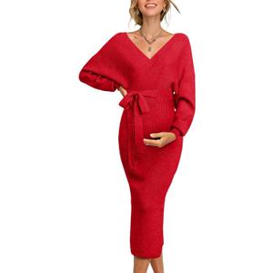 Fall Winter Maternity Nursing Dress 2026 Sweater for Women Wedding Guest Dress Baby Shower Photoshoot Outfits (Large, Red)