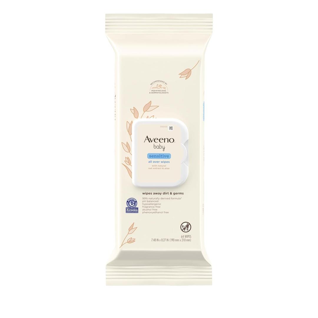 3 x Aveeno Baby Sensitive All Over Wipes with Aloe & Natural Oat Extract for Face, Bottom, Hands & Body, pH-Balanced, Hypoallergenic, Fragrance-, Phenoxyethanol- & Alcohol-Free, 64 ct per pack