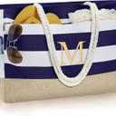 YOOLIFE Large Initial Beach Bag Waterproof Tote Zipper Bag Personalized Gifts for Women Her Birthday Travel Beach Essential (Dark Blue), Medium