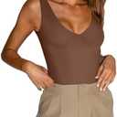 REORIA Butsmooth® Women’s Trendy Sexy Plunge Deep V Neck Sleeveless V Backless Going Out Tank Bodysuits Tops Medium, Coffee