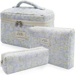 3pc Makeup Bag Set, Quilted Makeup Bag Set, Large Floral Cosmetic Bag for Women, Cute Cotton Makeup Bags, Flower Travel Toiletry Organizer Bag (Green Leaves Blue Flowers)