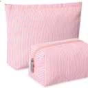 Huhumy 2 Pcs Makeup Bag Set Cute Cosmetic Pouch for Women Seersucker Travel Toiletry Bag Preppy Small Makeup Purse Pouch Aesthetic Skincare Brushes Storage Organizer for Valentine Women(Rose Pink)
