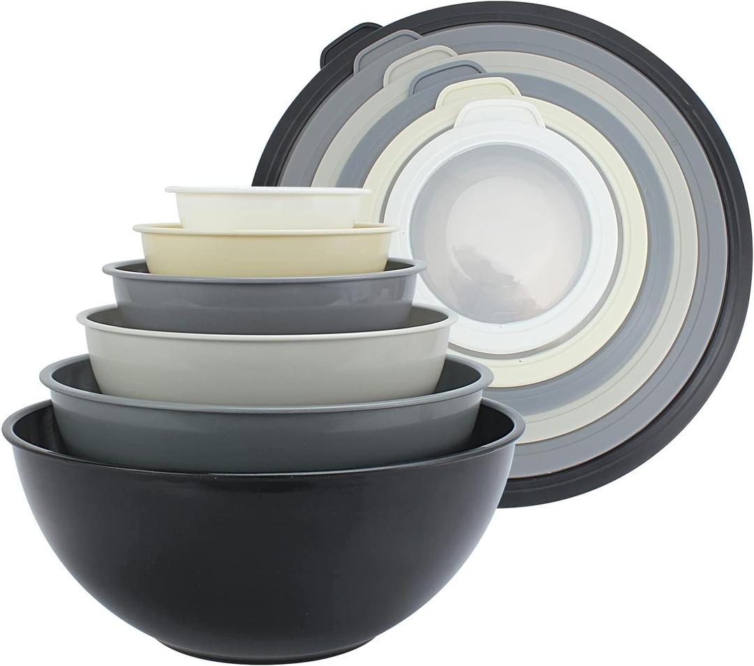 COOK WITH COLOR Mixing Bowls with TPR Lids - 12 Piece Plastic Nesting Set includes 6 Prep and Lids, Microwave Safe Bowl (Black Ombre) (Black Ombre TPR Lids)