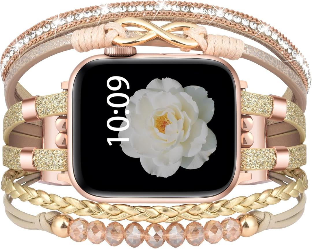 Boho Dressy Bracelet for Apple Watch Band 46mm 40mm 38mm 41mm 44mm 42mm 45mm 49mm Women, Elegant Handmade Beaded Leather Strap Accessories for iWatch Bands SE Series 11 10 9 8 7 6 5 4 3 2 1