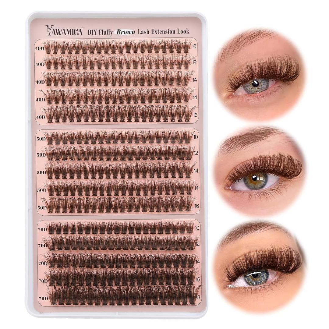 Yawamica Brown Lash Clusters Fluffier Eyelash Extension 10-16mm Individual Lashes D Curly Eyelash Clusters 40D+50D+70D Volume 300pcs Cluster Lashes Pestaas Pelo a Pelo DIY Lash Extension at Home