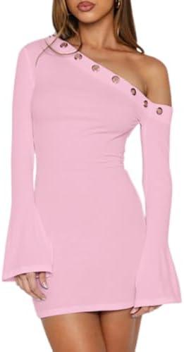 AIBUSIS Sexy Flared Long Sleeve Slim Fit Bodycon Going Out Club Party Y2K Mini Dress.S