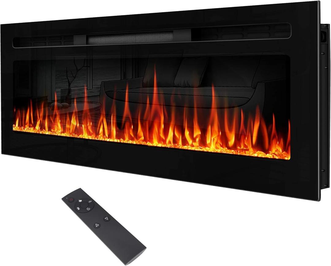 Electric Fireplace 60" Upgrade Fireplace Heater Recessed & Wall Mounted, 750/1500W Linear Fireplace LED Electric Fireplace Insert with 12 Adjustable Flame Colors, Bracket,Timer, Remote Control, Black