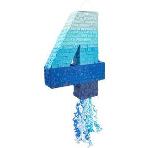 BLUE PANDA Pull String Pinata - Corrugated & Number 4 Pinata - Ombre Blue Tissue & 4 Year Old Birthday Decor - Easy Fill & 4 Year Old Boy Fun - Number 4, Ombre Blue - 16.5 x 12 x 3 in