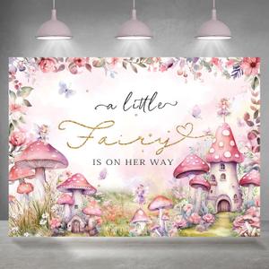 Fairy Themed Baby Shower Backdrop Blush Pink Floral A Little Fairy is on Her Way Wonderland Photography Background for Girl Princess Party Decoration Supplies Banner Photo Booth Props 7x5ft