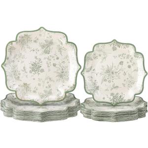 Havawish 100 Pcs Sage Green Disposable Plates Floral Green and White Paper Dessert Dinner Plates Bulk Set of 50 Guests 8 Inch 10 Inch for Birthday Wedding Bridal Tea Sage Party Supplies