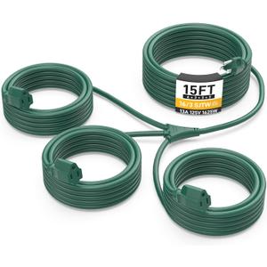 15FT Outdoor Green Extension Cord with Multiple Outlets, Evenly Spaced 3 Outlets, Light Duty 16/3 SJTW Cable with Grounded Plugs, 13AMP 1625W 125V 16AWG, ETL Listed