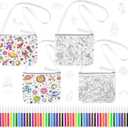 Cosblank 4 Sets Color Your Own Crossbody Bags Coloring Crafts for Boys Girls 4 Washable Canvas Pouch Bag with 48 Colorful Markers Reusable DIY Gift for Birthday Party Favor Supplies, 4 Designs