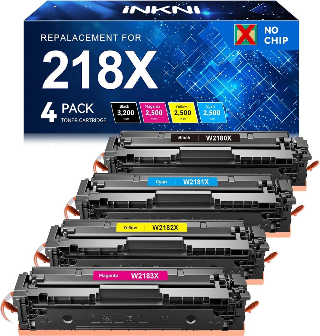 InkNI 218X Toner Cartridges 4 Pack High Yield (No Chip) Replacement for HP 218X W2180X for HP 218A for HP Color Laserjet Pro MFP 3301FDW 3201DW 3301SDW 3301CDW Printer Ink W2180A (4 Pack, B/C/Y/M) (218X Toner No Chip Black Cyan Yellow Magenta)