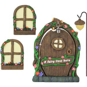 MEETYAMOR Miniature Fairy Garden Accessories, 4 PCS Opening Fairy Door and Windows with Light for Trees, Glow in The Dark Yard Art Outdoor Statues Fairy House Kit Garden Decor for Outside