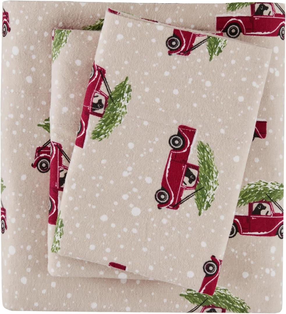 Woolrich Cotton Sheet Set Cottage Charms Print, 100% Cotton Flannel Sheets Warm & Fuzzy Bedding Set King Size Sheets, Fitted Pocket Fits Up to 14" Mattress, King Tan Cars, 4 Piece