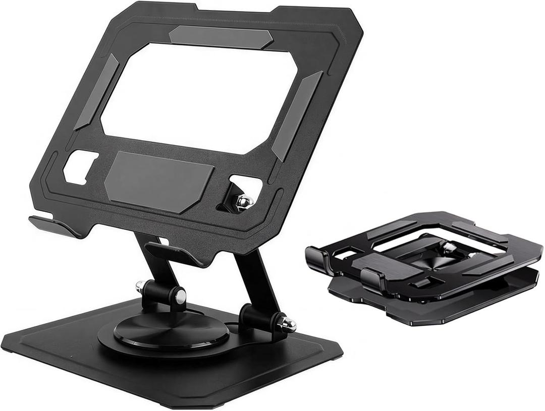 CTESNE360RotationiPad Stand for DeskFoldable & PortableCarbon Steel Heavy-Duty BaseAdjustable Tablet Stand, Phone & Tablet Holder (Black)