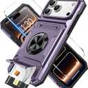 for iPhone 17 Pro Max Wallet Case with Card Holder + 1 Screen Protector, (2 Cards) & 360Ring Kickstand Military Grade Drop Shockproof Rugged Case for iPhone 17 Pro Max 6.9"(Purple)