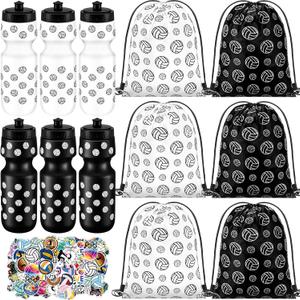 12 Pcs 24 Oz Volleyball Water Bottle Bulk Drawstring Bag and 50 Sticker Set Include 6 Volleyball Theme Squeeze Water Bottle 6 Drawstring Backpack for Team Gifts Sport Events Party Favors