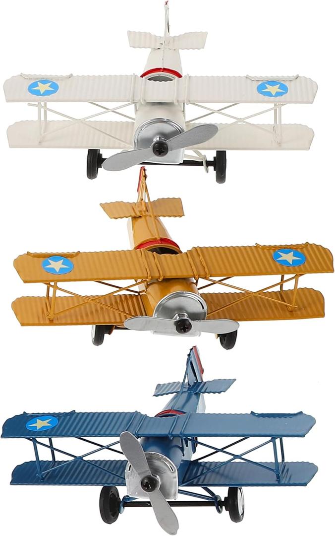 MAGICLULU 3Pcs Vintage Airplane Decor Small Biplane Plane Model Metal Aircraft Desktop Ornament 6.5 x 5.12 x 2.36Inch