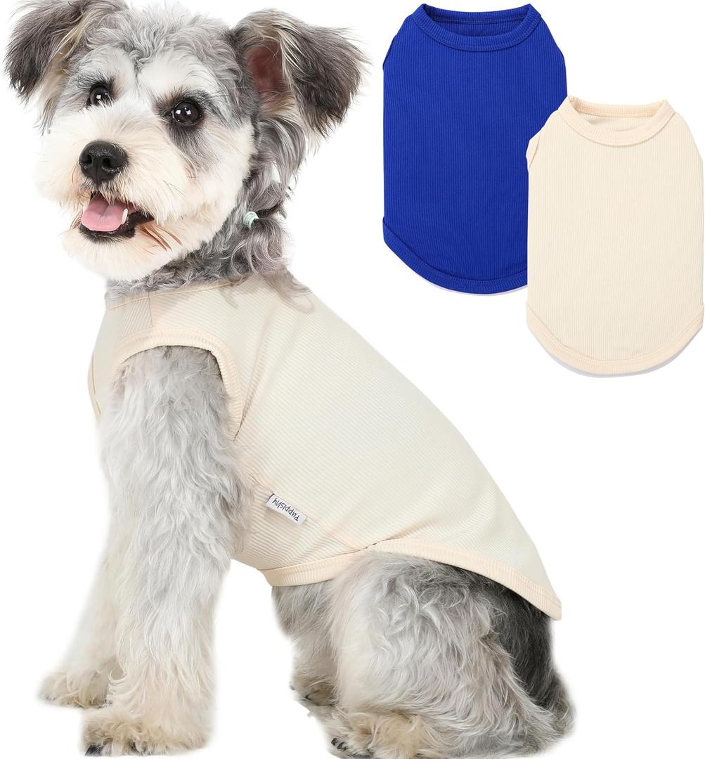 2 Pack Dog Clothes for Small Dogs Summer Dog Shirt Vest Girl Boy Lightweight Puppy T-Shirts Blank Soft and Cool Pet Clothing Sleeveless Dog Outfit (White+Blue, Small)