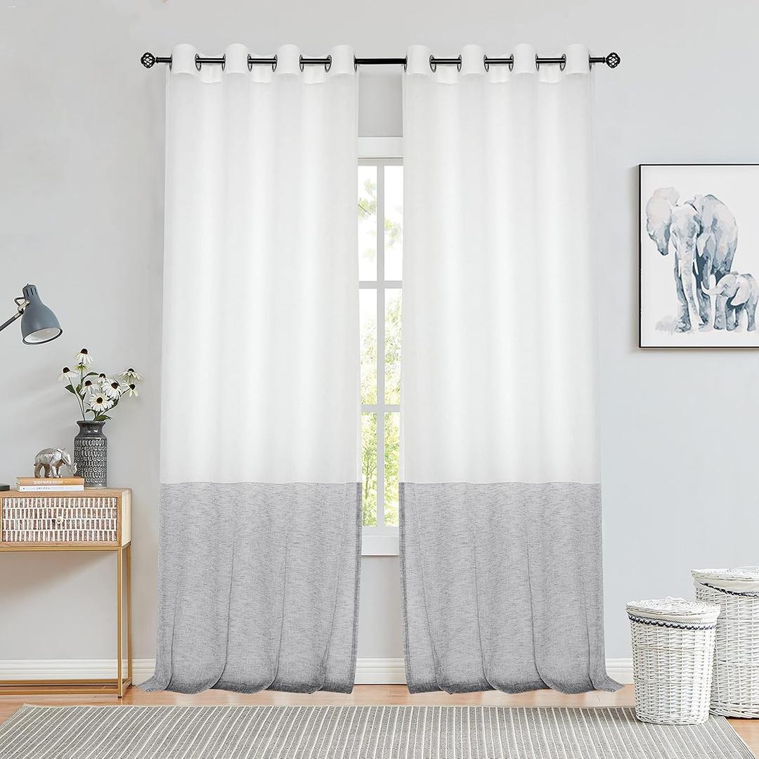 Stripe Sheer Gray and White Color Block Window Curtain Panel with Grommet Top Linen Drape 84 Inches Long Treatment for Bedroom Living Room Farmhouse, 52"Ã—84"Ã—2, Grey/White