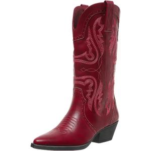 SelRoys Cowboy Boots for Women Cowgirl Mid Calf Western Boots Embroidered Stitched Pointed Toe Chunky Block Heel Brown Red Black US5-11 (Red, S)