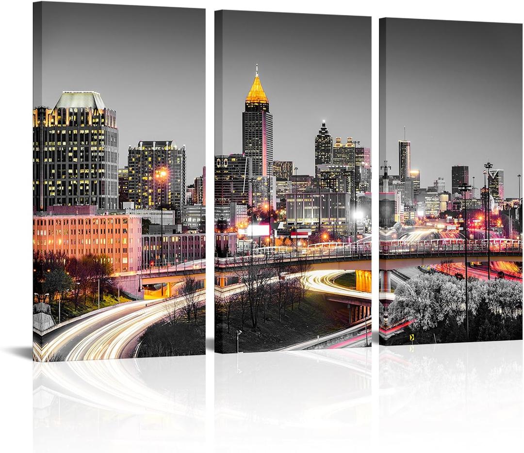 OuElegent City Night Canvas Wall Art Atlanta Skyline Landscape Pictures Prints Artwork for Living Room Bedroom Framed Ready to Hang