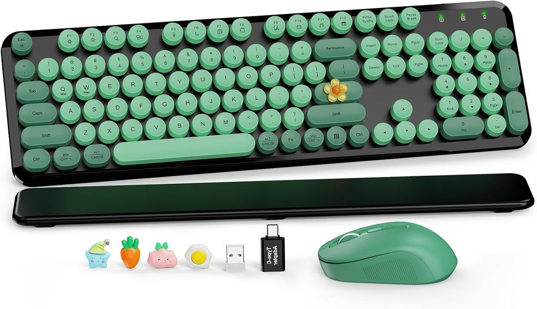 Wireless Keyboard and Mouse Combo, Round Keycaps, Full-Size Retro Typewriter Keyboard with Magnetic Wrist Rest, Tilt Legs, 2.4GHz Cordless for Mac, Windows PC, Laptop, SABLUTE CK23, Black & Green