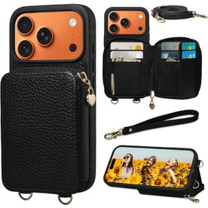 Keallce Case for iPhone 17 Pro 6.3'' Case Wallet, Crossbody Zipper Purse with RFID Blocking Card Slots Kickstand, Lanyard & Handstrap Flip Folio Leather Phone Cover for iPhone 17 Pro, Black