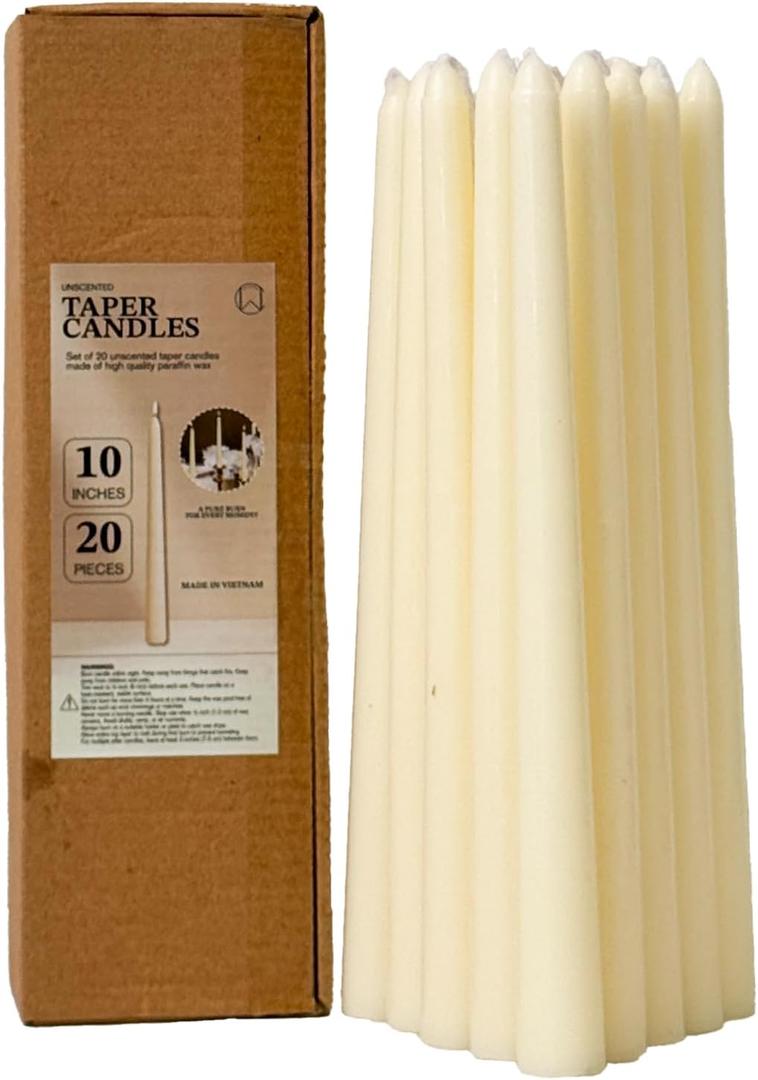 CW Studio Set of Unscented Taper Candles Elegant Vertical Fluted Design Long 7-8 Hour Burn Dripless Perfect for Home Decor, Weddings, Events & Romantic Dinners (20, Ivory, 10 inches)