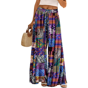 YESNO Women Summer Boho Palazzo Pants High Waist Wide Leg Floral Casual Cotton Lounge Trousers with Pockets PP0 size L