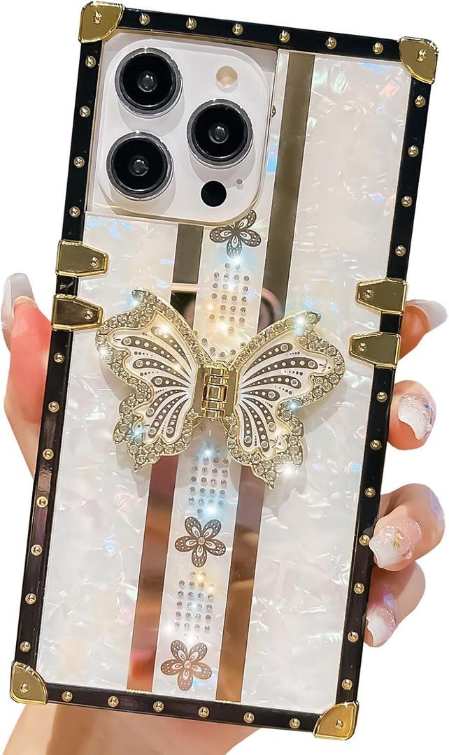 Cute Compatible with iPhone 15 Pro Max Case, Luxury Bling Butterfly Design with Foldable Stand Kickstand for Women & Girls, Flexible Shockproof Protective Case 6.7 (White)