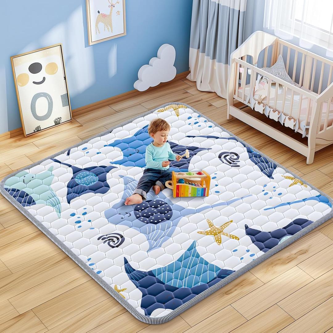 omzer Baby Play Mat 50x50inch - Thick & Soft Baby Crawling Mats for Floor - Machine Washable Cushioned for Playpen - Non-Slip Playmats for Babies Toddlers Tummy Time Indoor&Outdoor, Blue