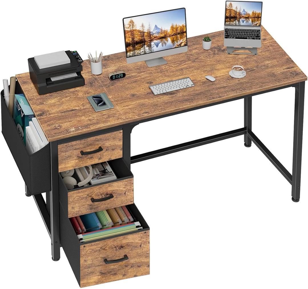 Lufeiya Computer Desk with Fabric File Drawers Cabinet, 55 Inch Reversible Home Office Desks with Filing Cabinet for Small Space, Study Writing Table PC Desks with Storage for Bedroom, Rustic Brown, 54.6"