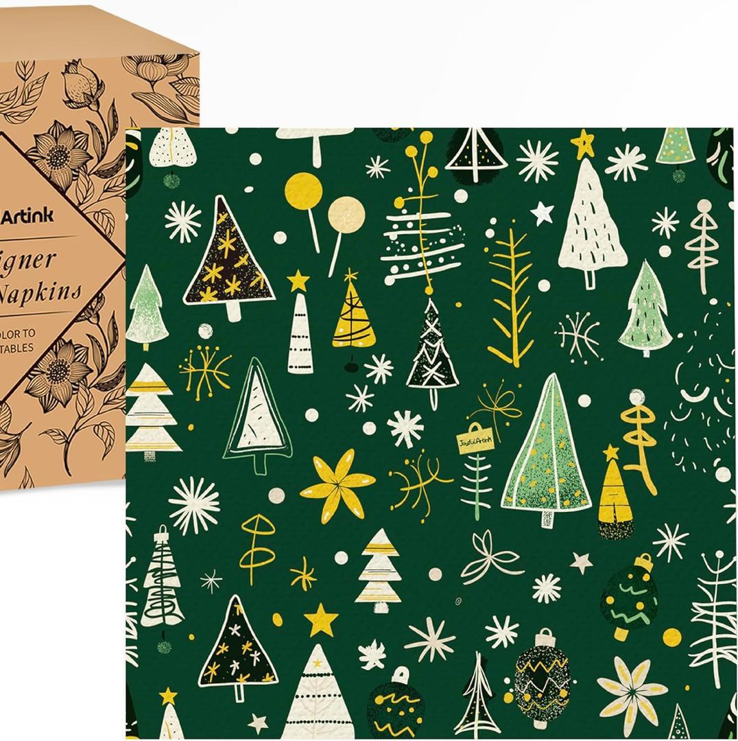Premium Designer Paper Napkins, 3-Ply 6.5 x 6.5-inches Fold Disposable Decorative Winter Guest Christmas Holly Green Festive New Year Tree Party Lunch Dinner Napkin (50, Festive Green)