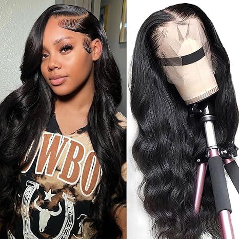 13x4 Body Wave Lace Front Wigs Human Hair Pre Plucked HD Transparent Lace Frontal Wig with Baby Hair 180% Density 9A Glueless Brazilian Virgin Human Hair Lace Front Wigs for Women Natural Black 22Inch
