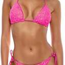 Women's Shiny Triangle Bikini Set Sequin Halter String Backless Tie Side Two Piece Swimsuit Bathing Suit, Large