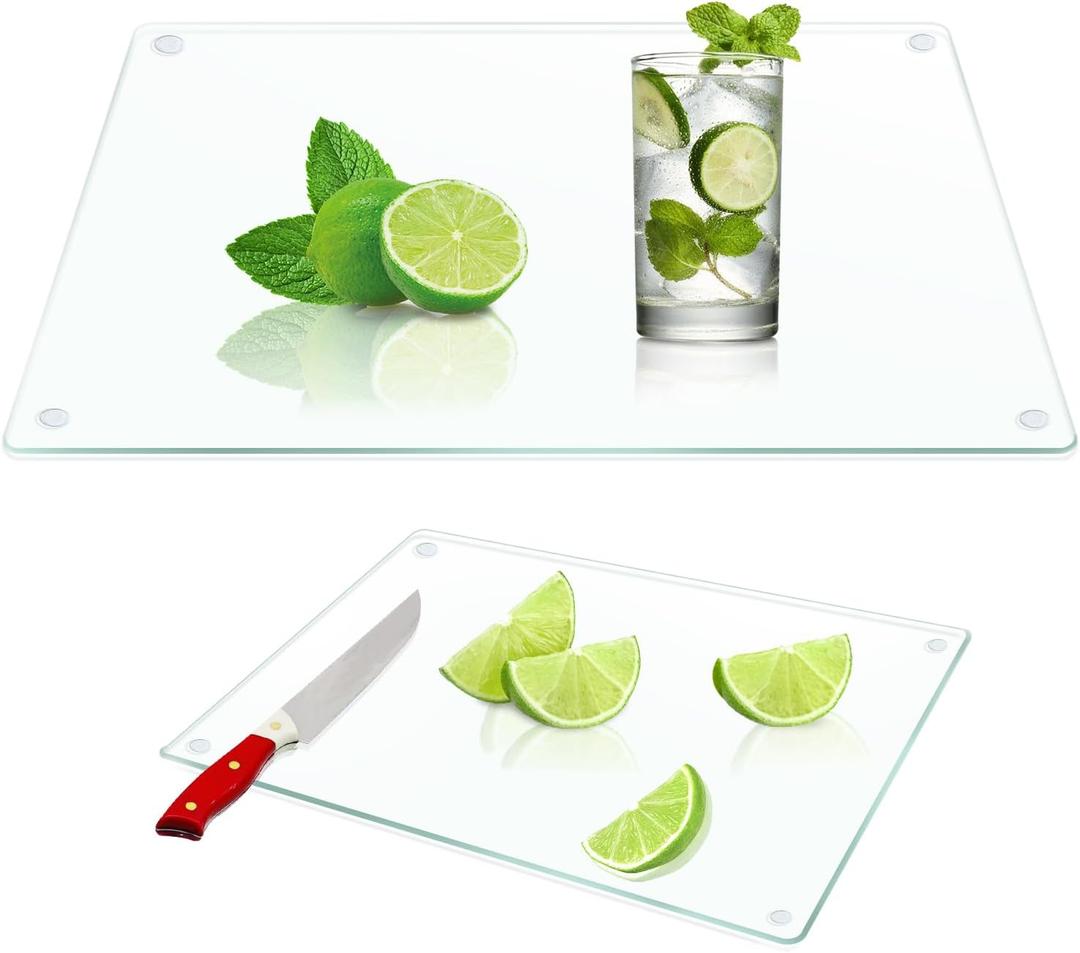 JAMBALAY Tempered Glass Cutting Boards for Kitchen, Clear Glass Cutting Board Set, 12"x16" & 8"x12" Cutting Boards with Non Slip Foot, Heat and Scratch Resistant, Shatterproof